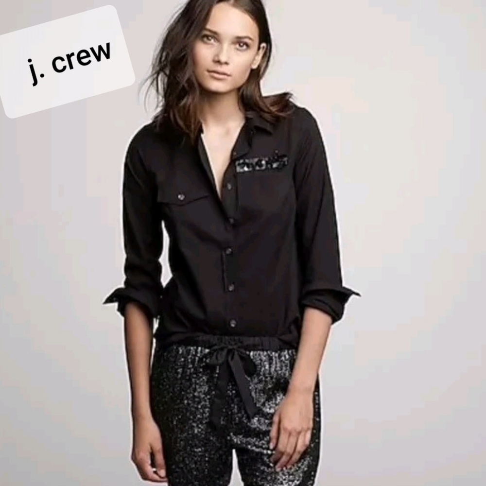 J Crew button up black shirt cotton embellished